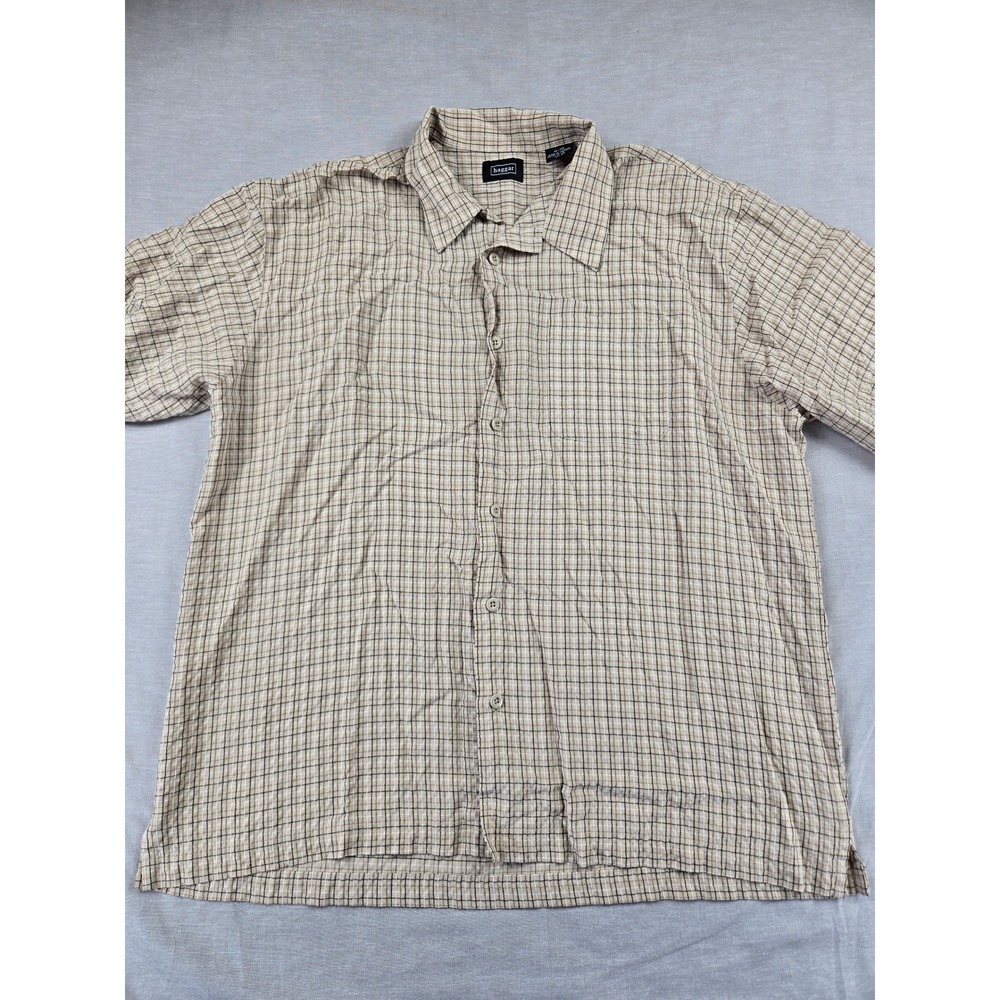 Haggar Mens XL Short Sleeve Button Down Shirt Plaid Tan Black Rayon Blend